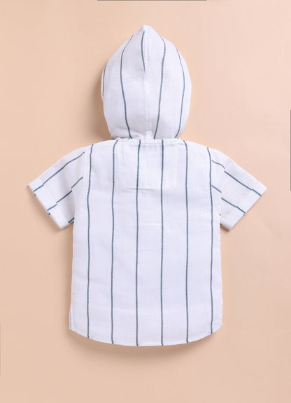 Green Casual and Stylish Full Sleeves Cotton Blend Washed Shacket with Pants and Striped Half Sleeves Hooded Kurta Shirt