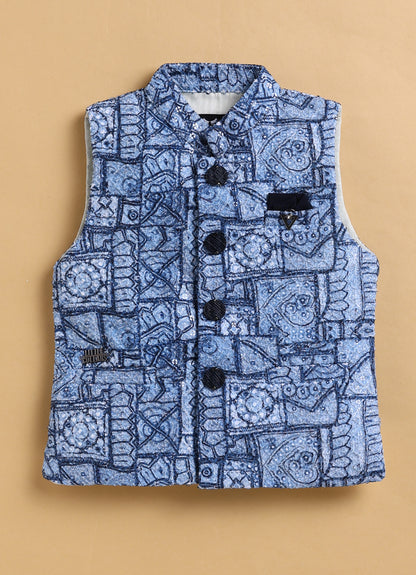 Formal Full Sleeves Shirt Pant and Festive Sleeveless Printed Embroidered Nehru Jacket Indo Western Set- N.Blue
