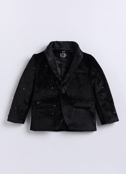 Black Shiny Velvet Coat Tuxedo Pant Shirt Set with Red Bow