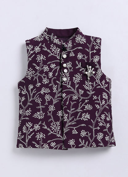 Wine Festive Floral All Over Embroidered Nehru Jacket Kurta Pajama Set