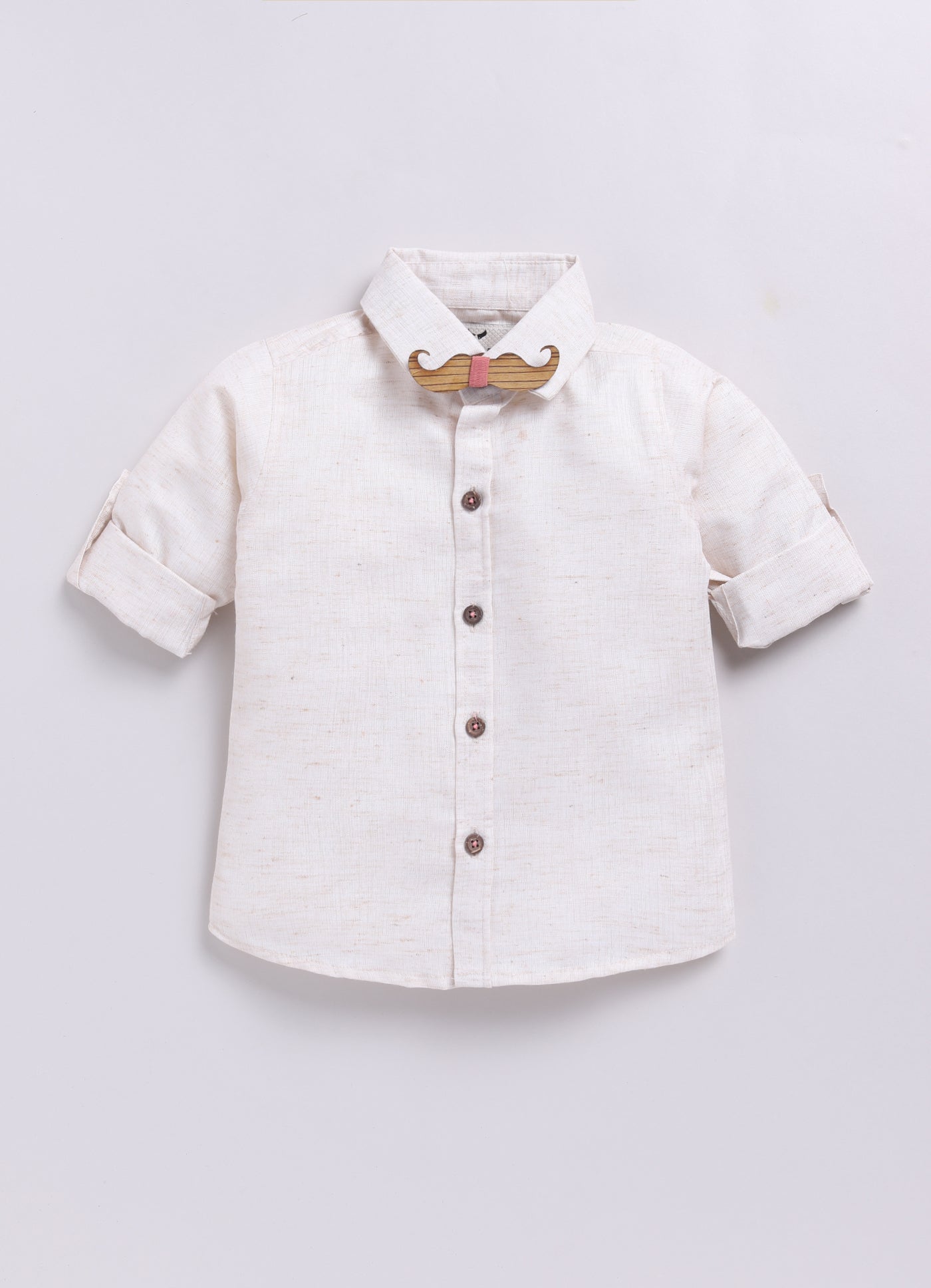 Peach Partywear Abstract Printed Full Sleeves Shirt Pant Attached Suspender Bow Set