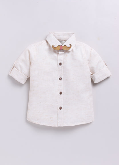 Peach Partywear Abstract Printed Full Sleeves Shirt Pant Attached Suspender Bow Set