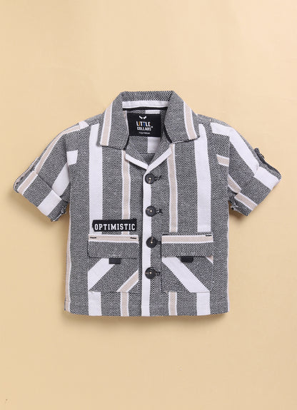 Black Recycled Cotton Striped Casual Full Sleeves Overshirt and Tshirt Pants Set