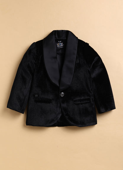 Shiny Velvet Striped Coat Tuxedo Pant Formal Shirt Suit Set with Smart Bow  - Black