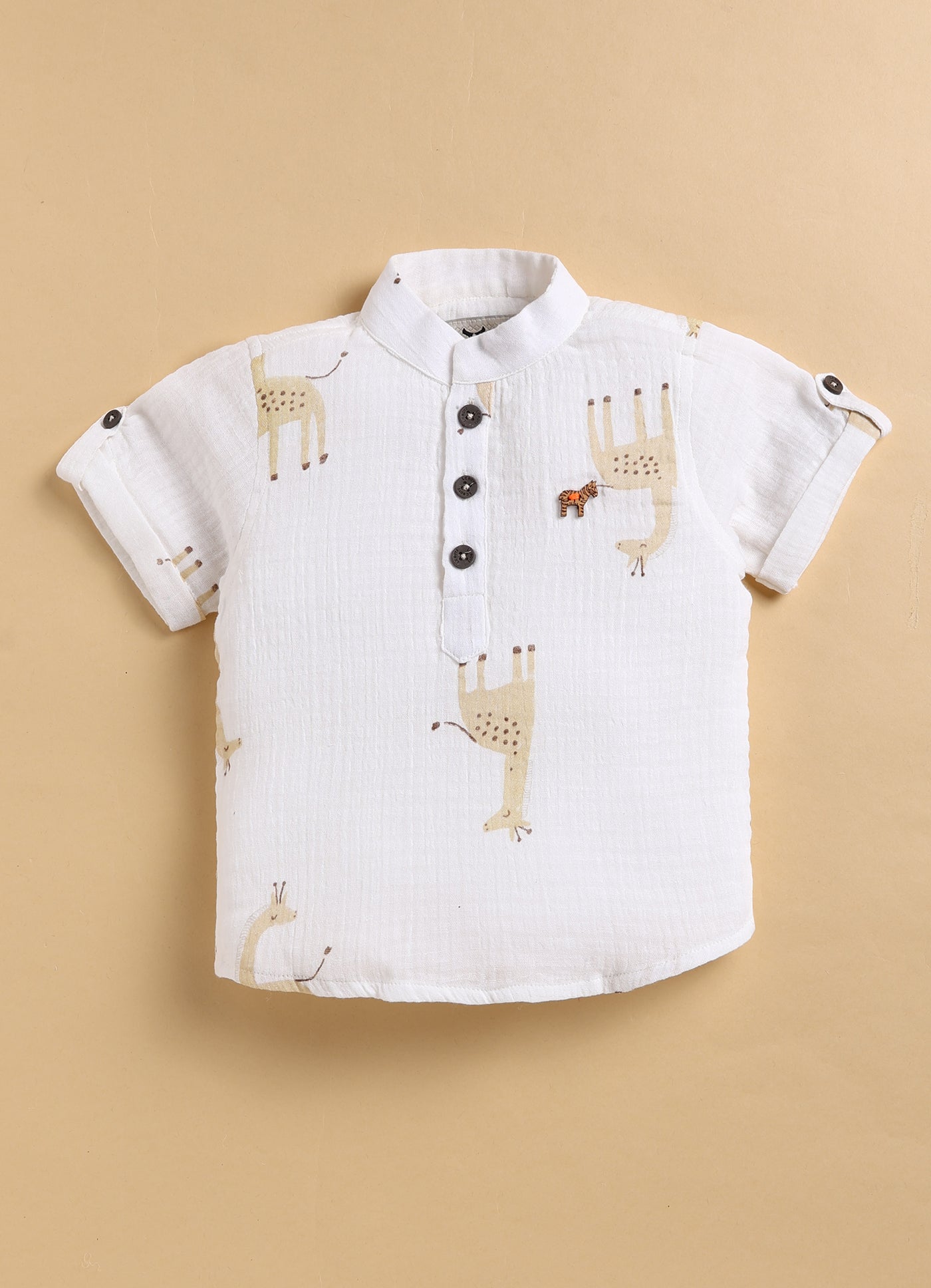 Casual Pure Organic Muslin Cotton Giraffe Printed Half Sleeves Mandarin Collar Kurta Shirt Half Pant Set - Beige