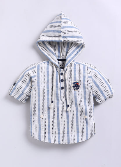 Casual and Stylish Full Sleeves Cotton Striped Hoodie Shirt with Pants with Belt- NAVY