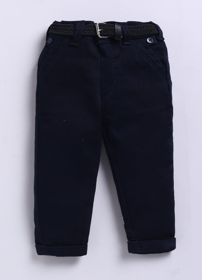 Casual and Stylish Full Sleeves Cotton Striped Hoodie Shirt with Pants with Belt- NAVY