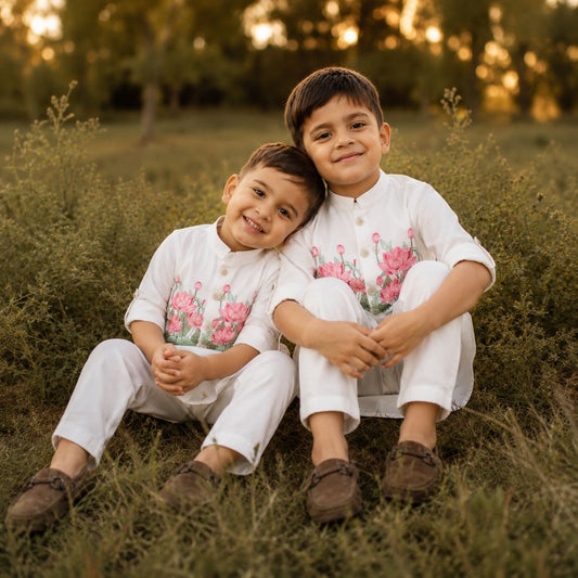 Boys Blended Cotton Lotus Blossom Printed Nehru Jacket, Kurta Pajama Set, Festive Wear Ethnic Set- Pink