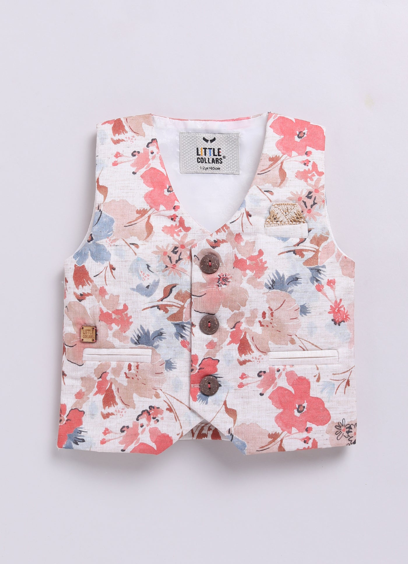 Peach Partywear Abstract Printed Full Sleeves Shirt Pant Attached Suspender Bow Set