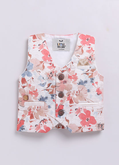 Peach Partywear Abstract Printed Full Sleeves Shirt Pant Attached Suspender Bow Set