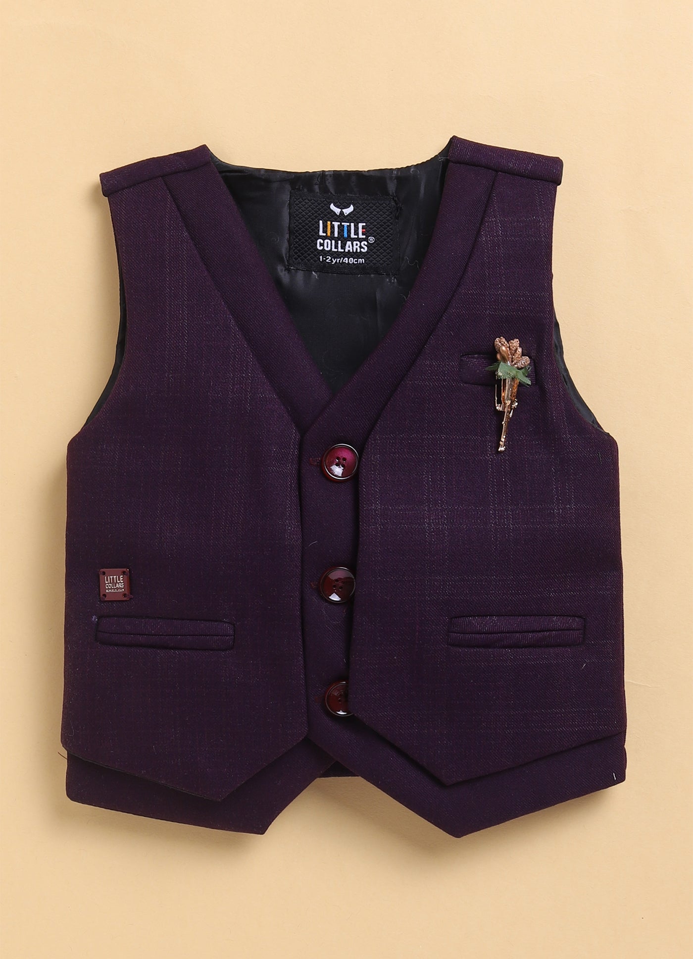 Wine Formal Partywear Self Lurex Checks Jacket Full Sleeves Shirt Pant Coord Set with Bow