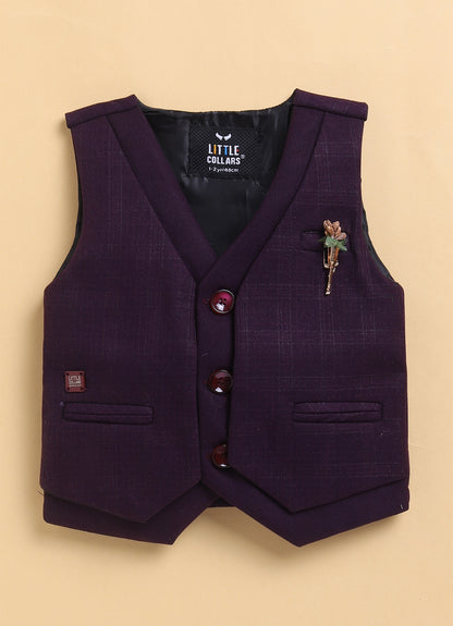 Wine Formal Partywear Self Lurex Checks Jacket Full Sleeves Shirt Pant Coord Set with Bow