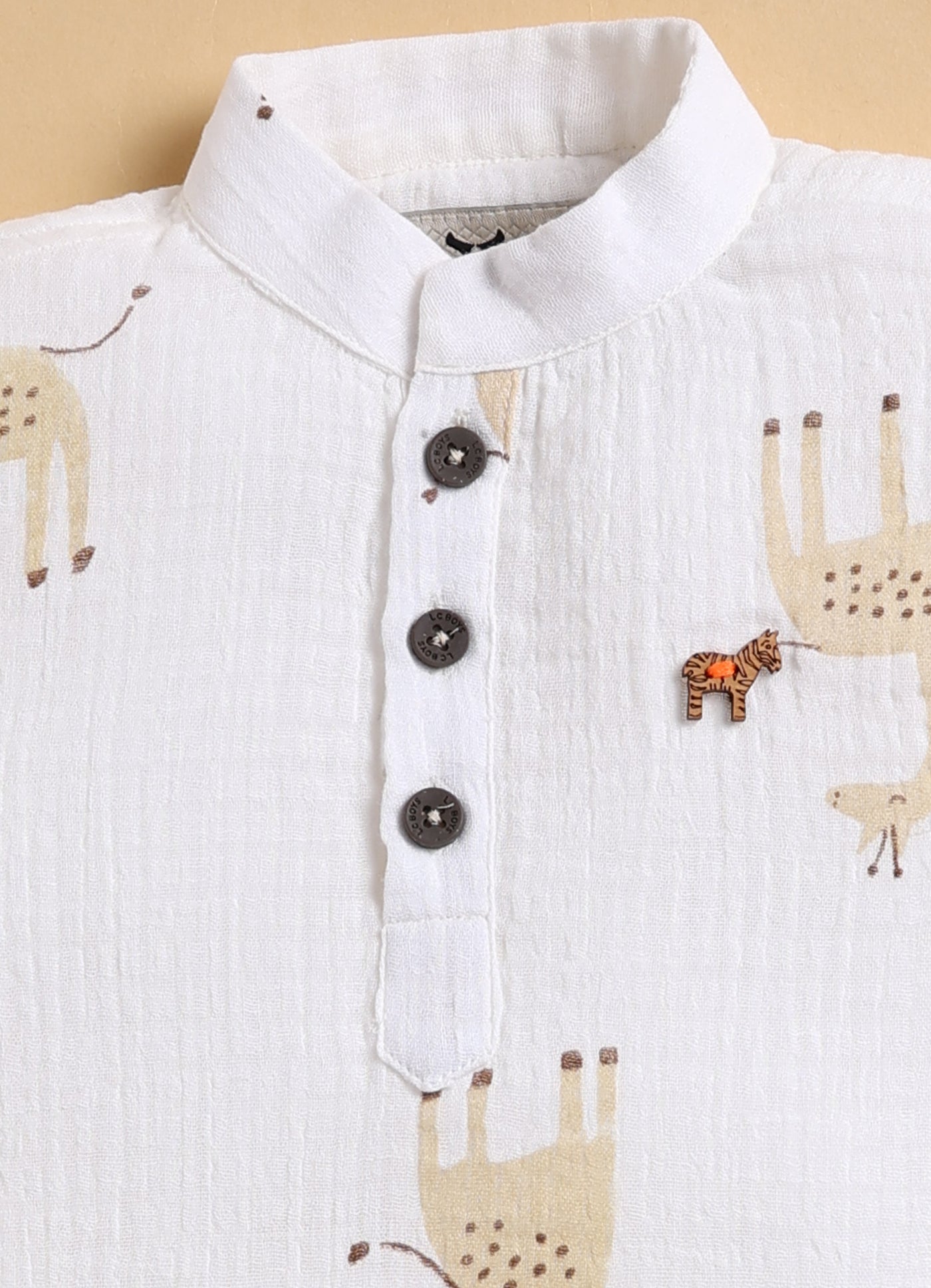 Casual Pure Organic Muslin Cotton Giraffe Printed Half Sleeves Mandarin Collar Kurta Shirt Half Pant Set - Beige