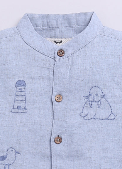 Sky Blue Casual Pure Organic Cotton Embroidered Half Sleeves Shirt Half Pant Set