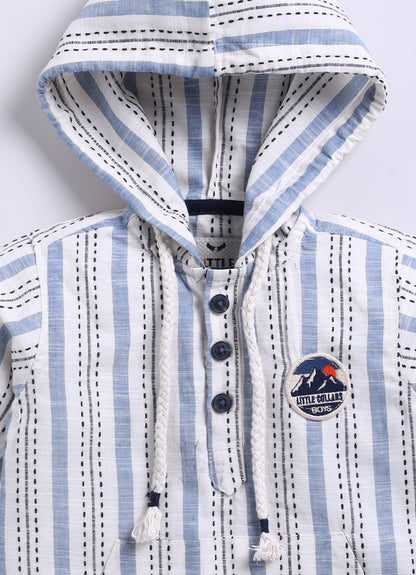 Casual and Stylish Full Sleeves Cotton Striped Hoodie Shirt with Pants with Belt- NAVY