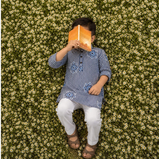 Boys Pure Cotton Jaipuri Printed Full Sleeve Kurta and Pajama Ethnic Set - Blue