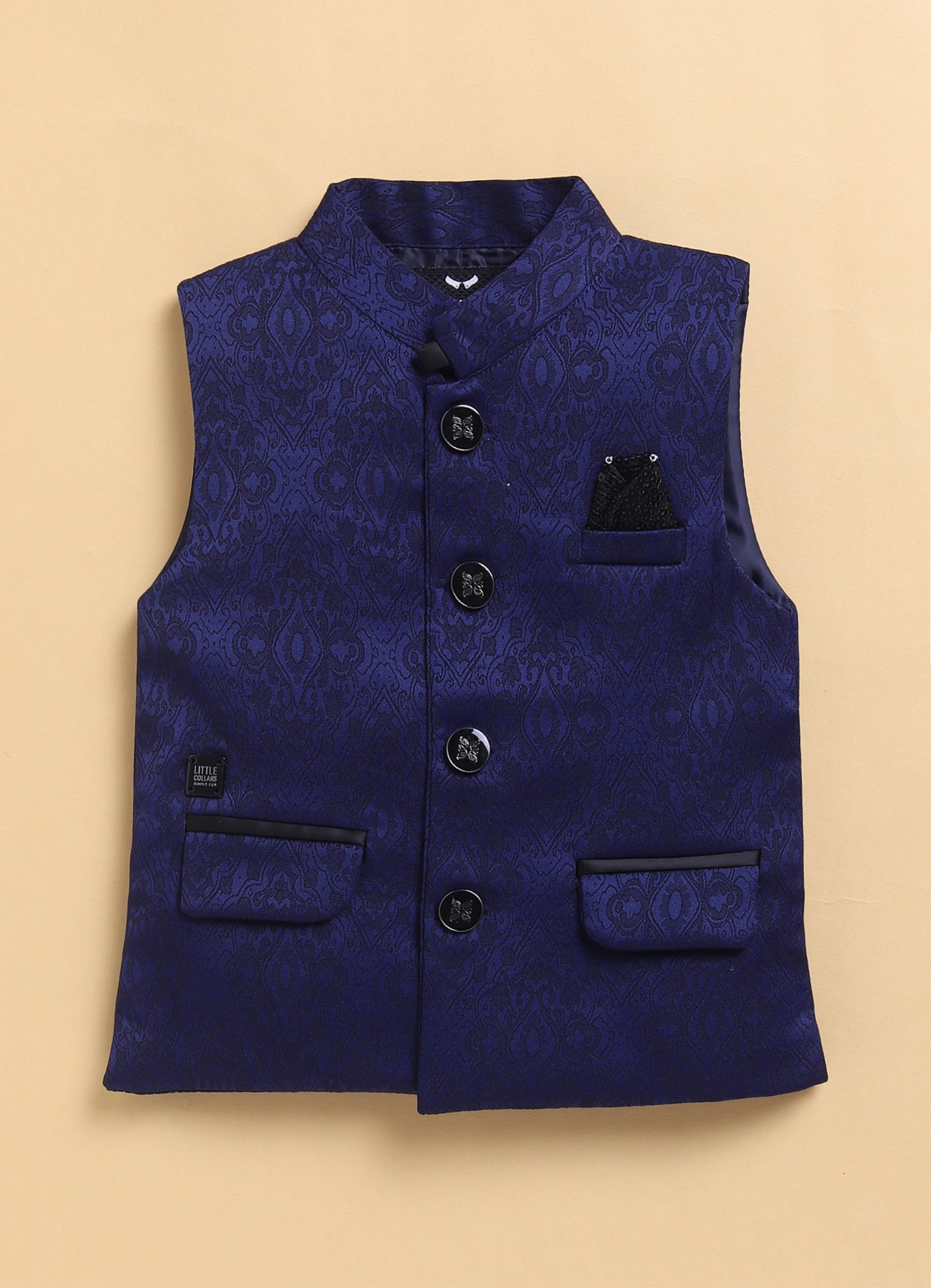 Navy Formal Partywear Jacquard Nehru Jacket Full Sleeves Shirt Pant Set