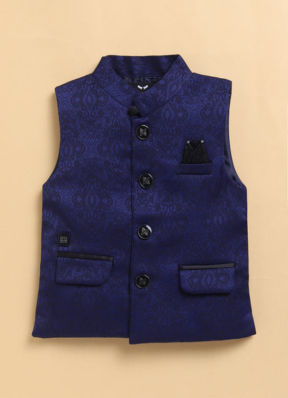 Navy Formal Partywear Jacquard Nehru Jacket Full Sleeves Shirt Pant Set