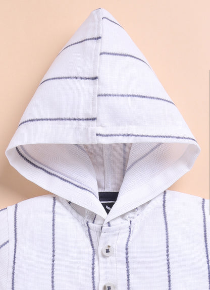 Green Casual and Stylish Full Sleeves Cotton Blend Washed Shacket with Pants and Striped Half Sleeves Hooded Kurta Shirt