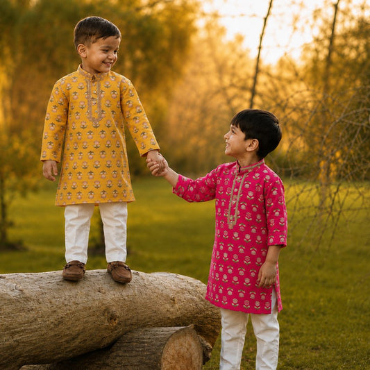 Boys Jaipuri Floral Handblock Printed Cotton Kurta Pajama Set, Ethnic Festive Wear Set- Mustard