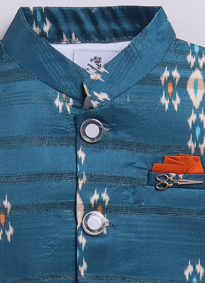 Teal Blue Boys Ikat Printed Bright Ethnic Jacket Full Sleeves Kurta Pajama Set