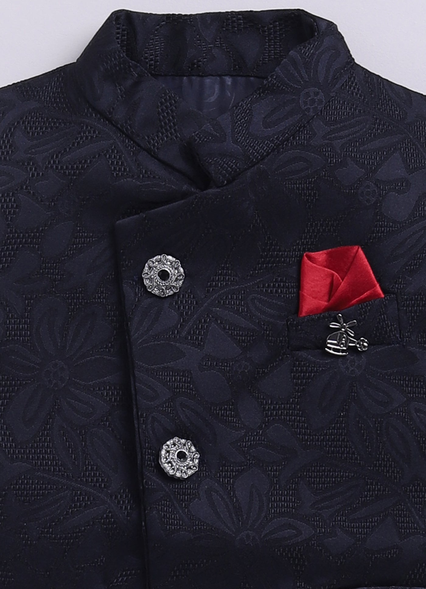 Navy Boys Full Sleeves Elegant Jaquard Nehru Jacket Coord Set