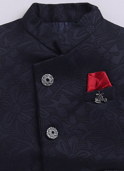 Navy Boys Full Sleeves Elegant Jaquard Nehru Jacket Coord Set