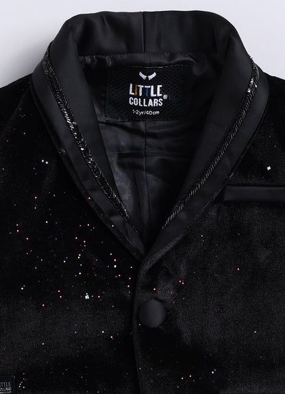 Black Shiny Velvet Coat Tuxedo Pant Shirt Set with Red Bow