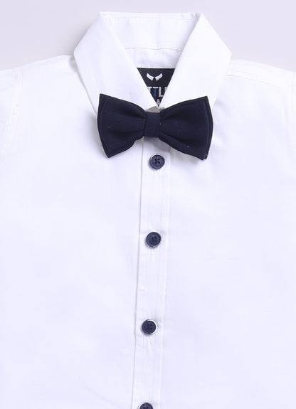 Navy Adorable Woven Waistcoat Full Sleeves Shirt Pants Set with Bow