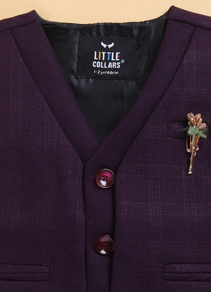 Wine Formal Partywear Self Lurex Checks Jacket Full Sleeves Shirt Pant Coord Set with Bow