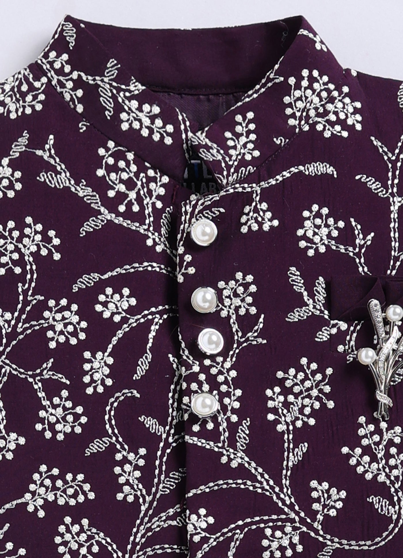 Wine Festive Floral All Over Embroidered Nehru Jacket Kurta Pajama Set