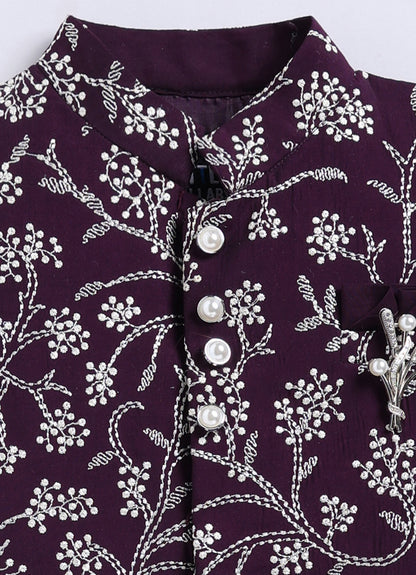 Wine Festive Floral All Over Embroidered Nehru Jacket Kurta Pajama Set