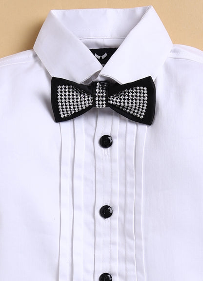Shiny Velvet Striped Coat Tuxedo Pant Formal Shirt Suit Set with Smart Bow  - Black