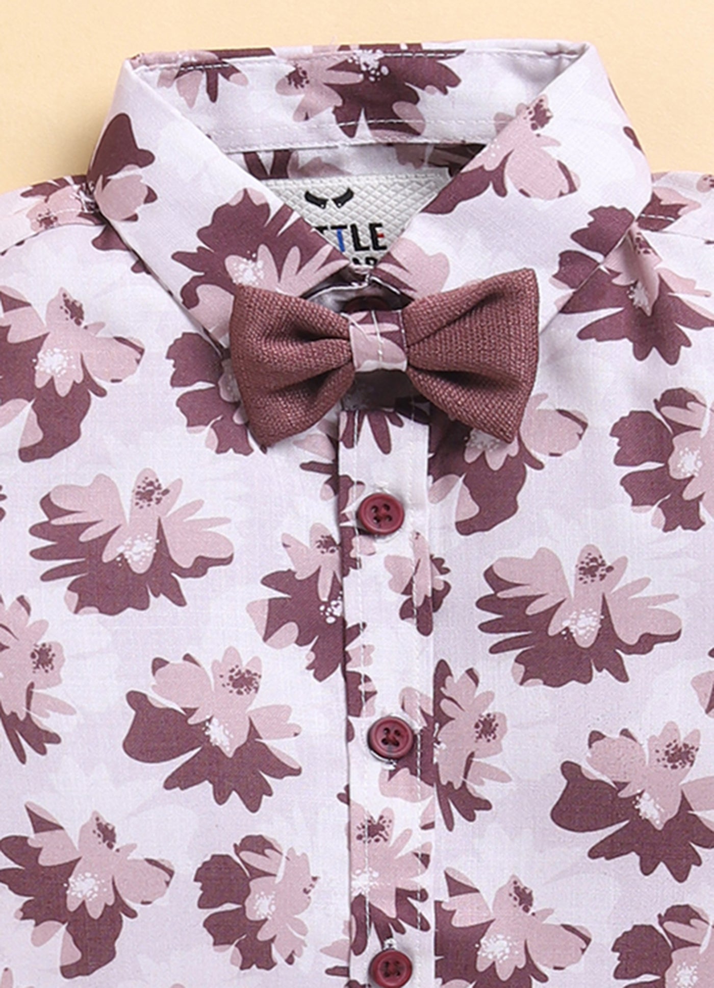 Wine Formal Partywear Waistcoat Printed Full Sleeves Shirt Pant Coord Set with Bow and Brooches
