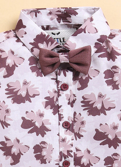 Wine Formal Partywear Waistcoat Printed Full Sleeves Shirt Pant Coord Set with Bow and Brooches