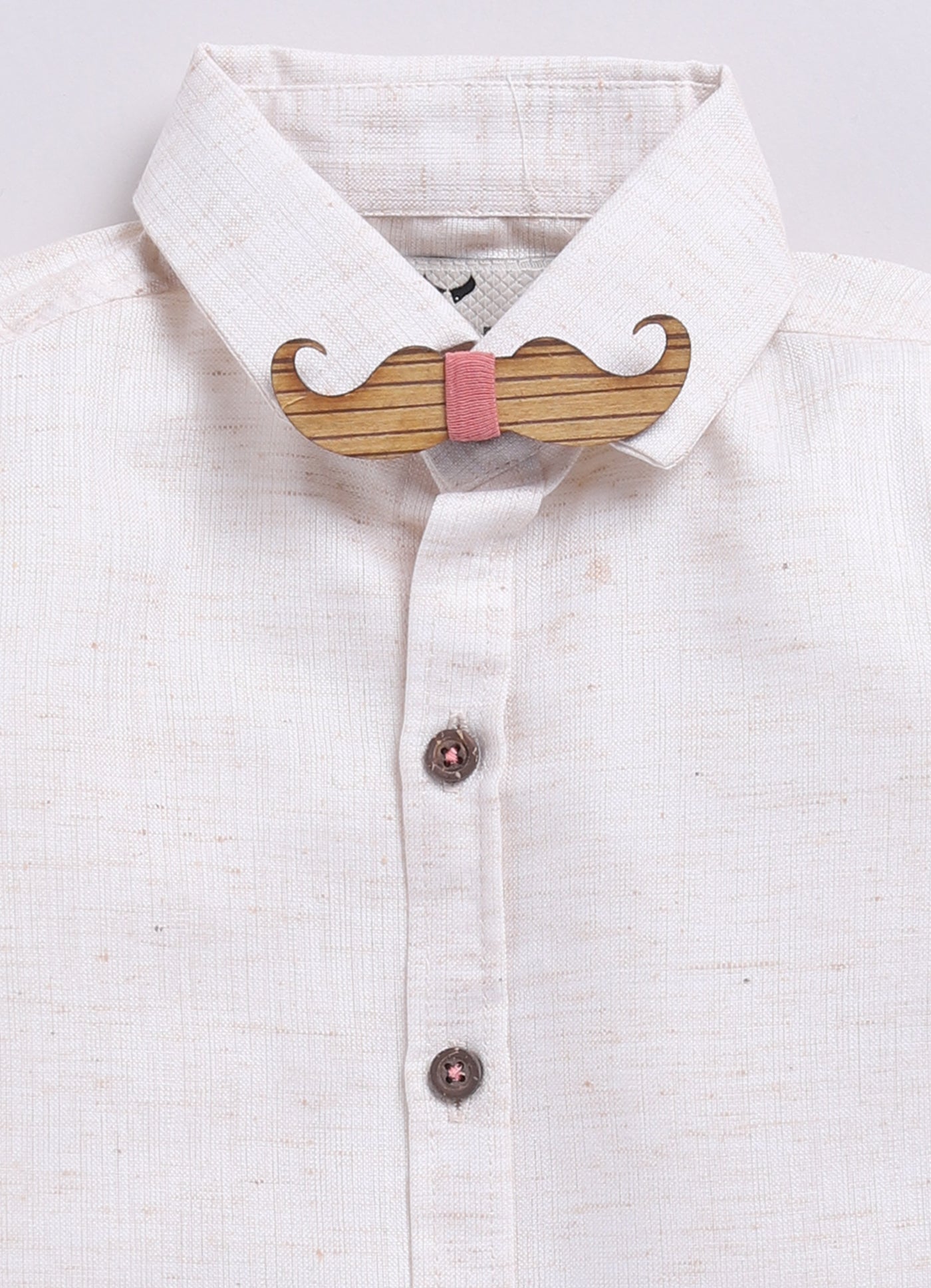 Peach Partywear Abstract Printed Full Sleeves Shirt Pant Attached Suspender Bow Set