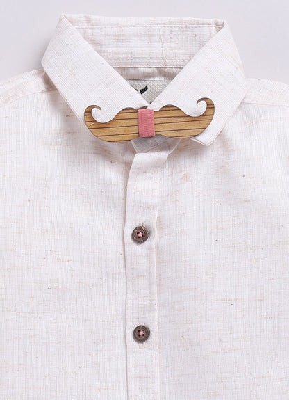 Peach Partywear Abstract Printed Full Sleeves Shirt Pant Attached Suspender Bow Set