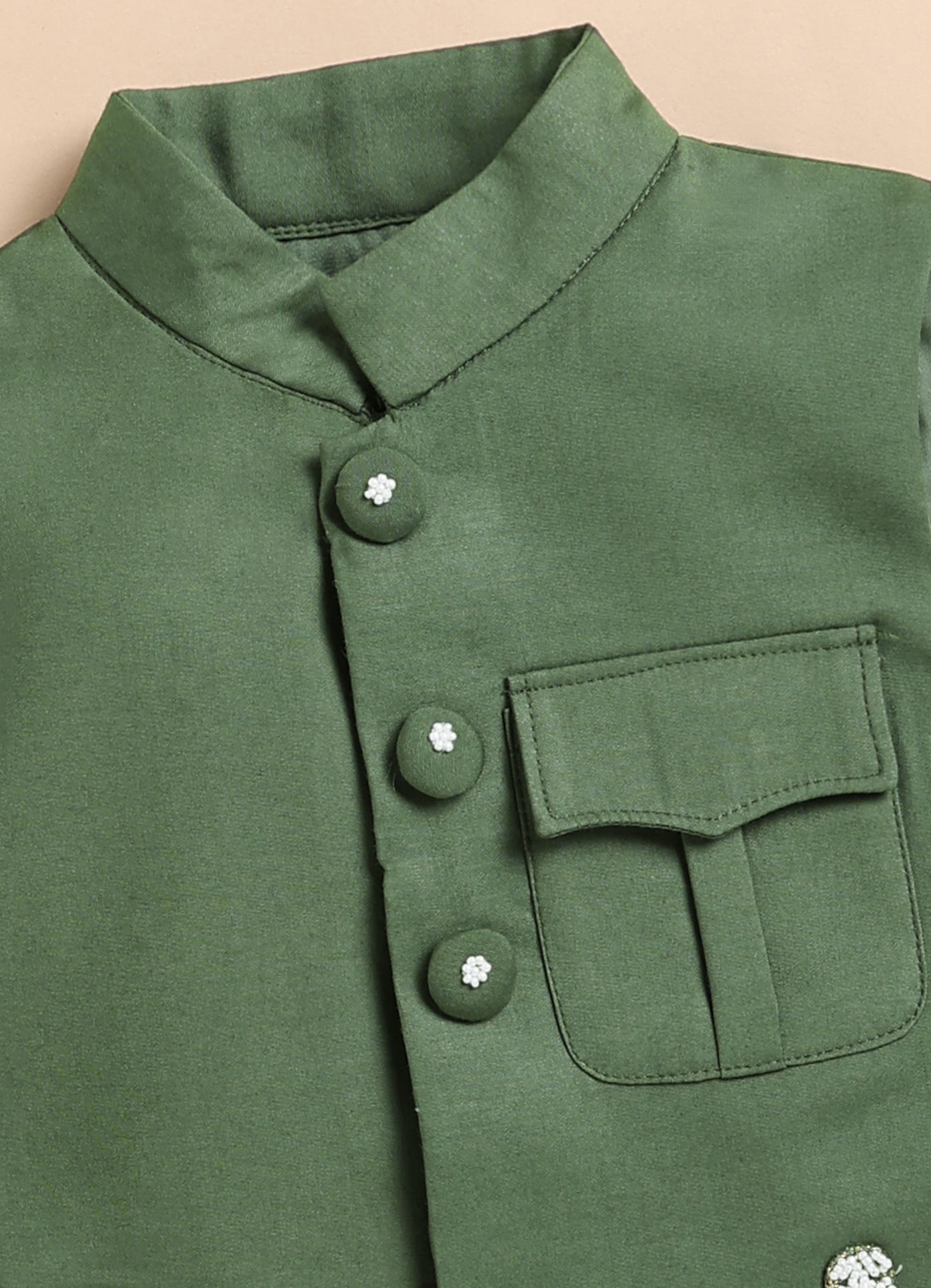 Boys Silk Blend Fabric Beadwork Embroidered Nehru Jacket, Full Sleeve Kurta and Pajama Ethnic Set -Green