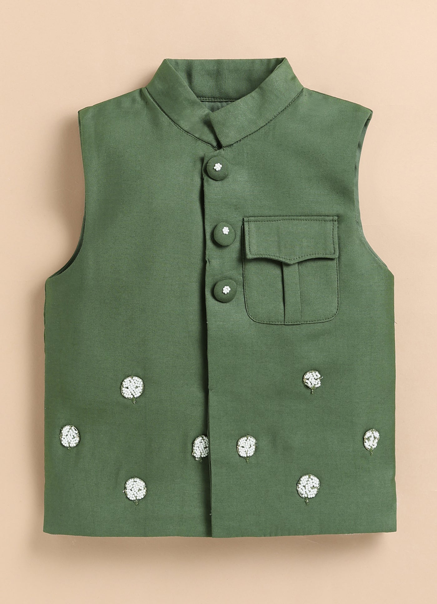 Boys Silk Blend Fabric Beadwork Embroidered Nehru Jacket, Full Sleeve Kurta and Pajama Ethnic Set -Green