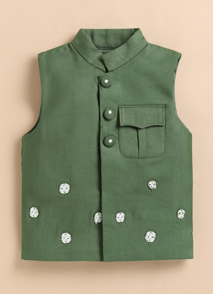 Boys Silk Blend Fabric Beadwork Embroidered Nehru Jacket, Full Sleeve Kurta and Pajama Ethnic Set -Green