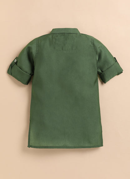 Boys Silk Blend Fabric Beadwork Embroidered Nehru Jacket, Full Sleeve Kurta and Pajama Ethnic Set -Green