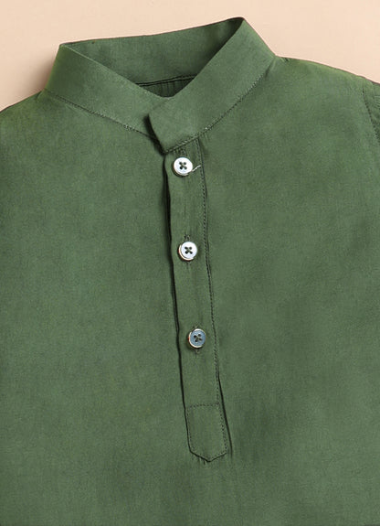 Boys Silk Blend Fabric Beadwork Embroidered Nehru Jacket, Full Sleeve Kurta and Pajama Ethnic Set -Green