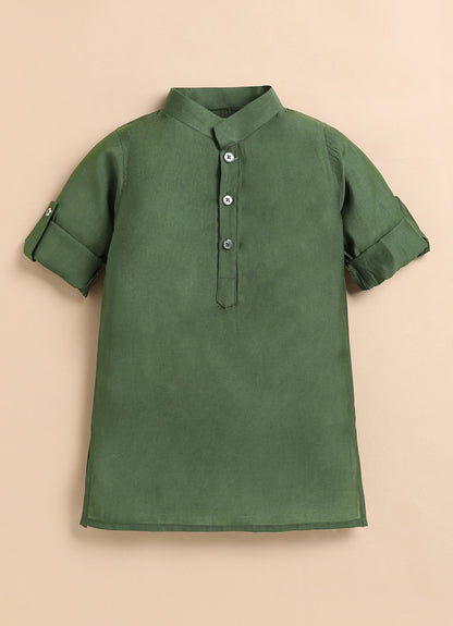 Boys Silk Blend Fabric Beadwork Embroidered Nehru Jacket, Full Sleeve Kurta and Pajama Ethnic Set -Green