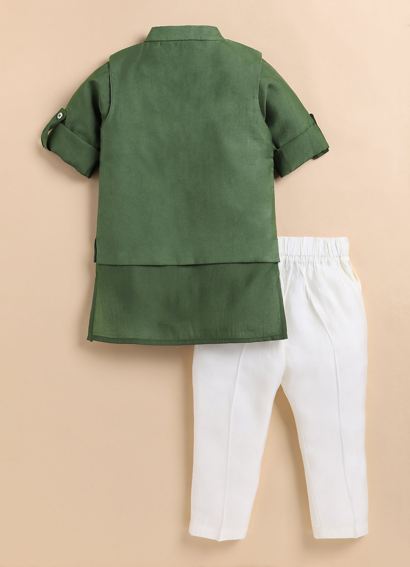 Boys Silk Blend Fabric Beadwork Embroidered Nehru Jacket, Full Sleeve Kurta and Pajama Ethnic Set -Green