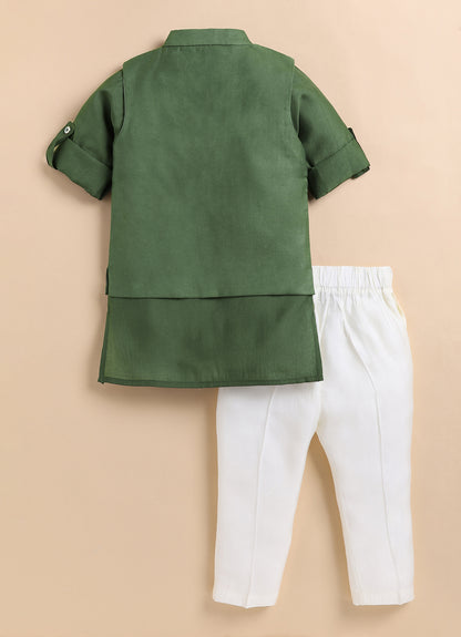 Boys Silk Blend Fabric Beadwork Embroidered Nehru Jacket, Full Sleeve Kurta and Pajama Ethnic Set -Green