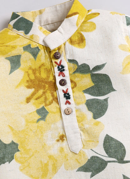 Boys Cotton Flax Jaipuri Floral Printed Full Sleeve Kurta and Pajama Ethnic Set - Yellow
