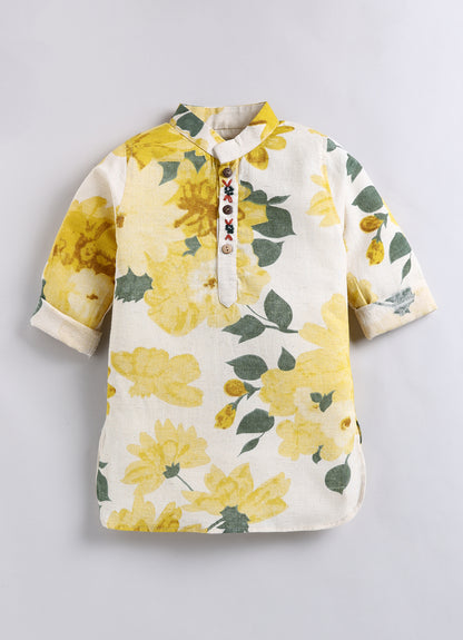 Boys Cotton Flax Jaipuri Floral Printed Full Sleeve Kurta and Pajama Ethnic Set - Yellow