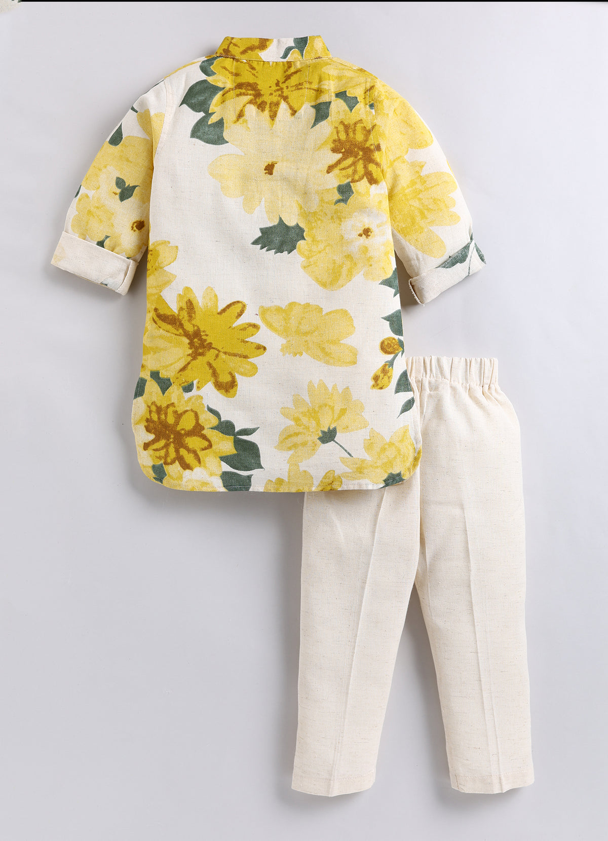 Boys Cotton Flax Jaipuri Floral Printed Full Sleeve Kurta and Pajama Ethnic Set - Yellow