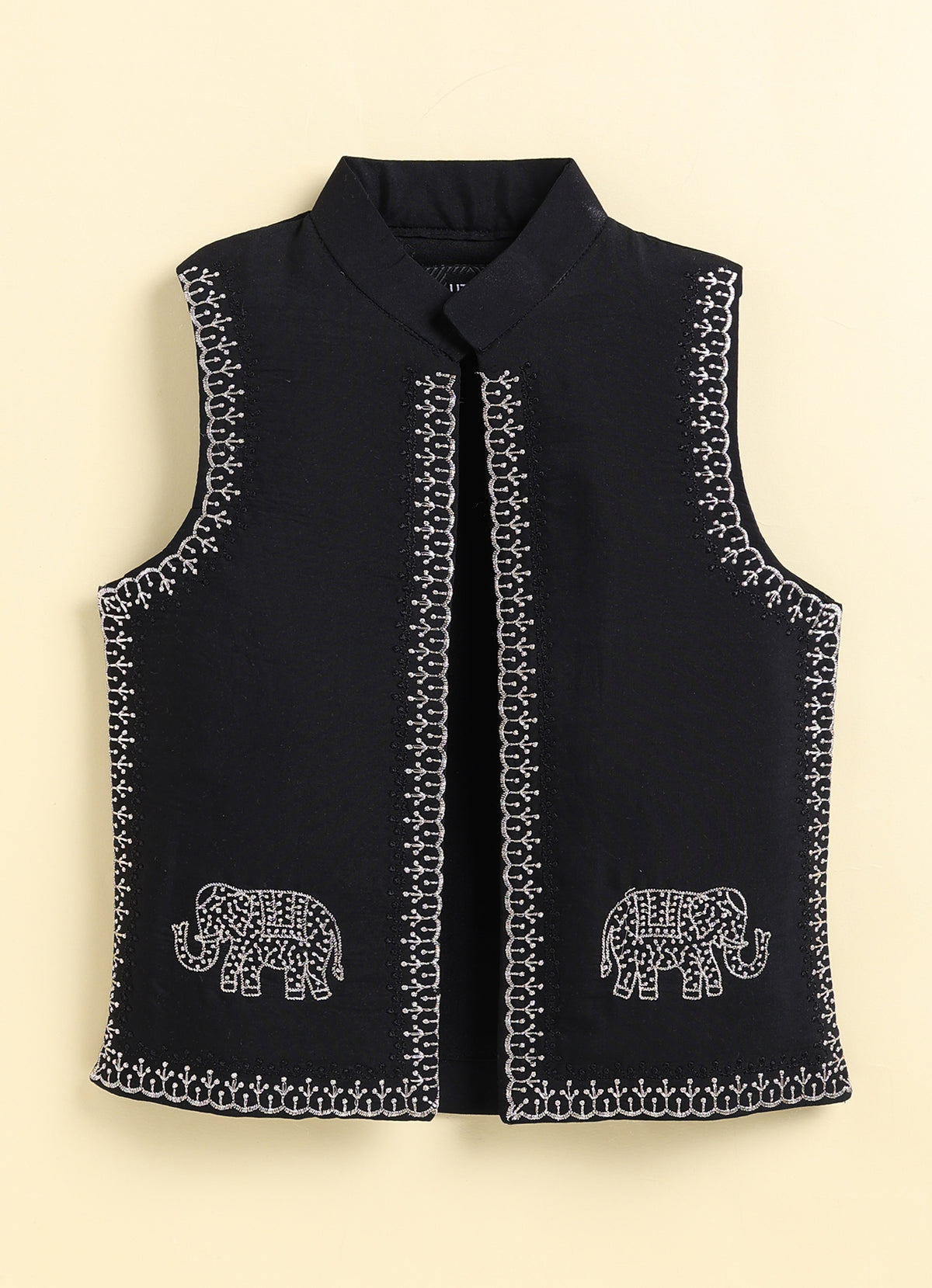 Boys  Silk  Blend Zari Work  Nehru Jacket with Elephant Motifs ,Full Sleeve Kurta and Pajama Ethnic Set - BLACK