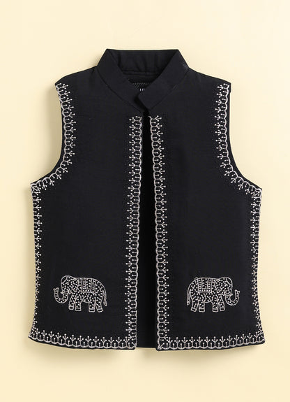 Boys  Silk  Blend Zari Work  Nehru Jacket with Elephant Motifs ,Full Sleeve Kurta and Pajama Ethnic Set - BLACK